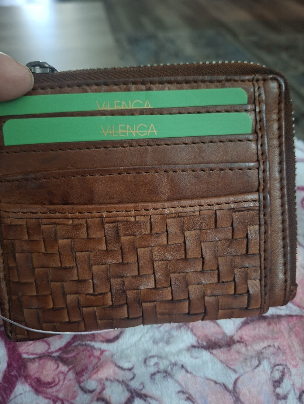 Vilenca Holland Brown Woven Leather Card Wallet with Green Card Accents